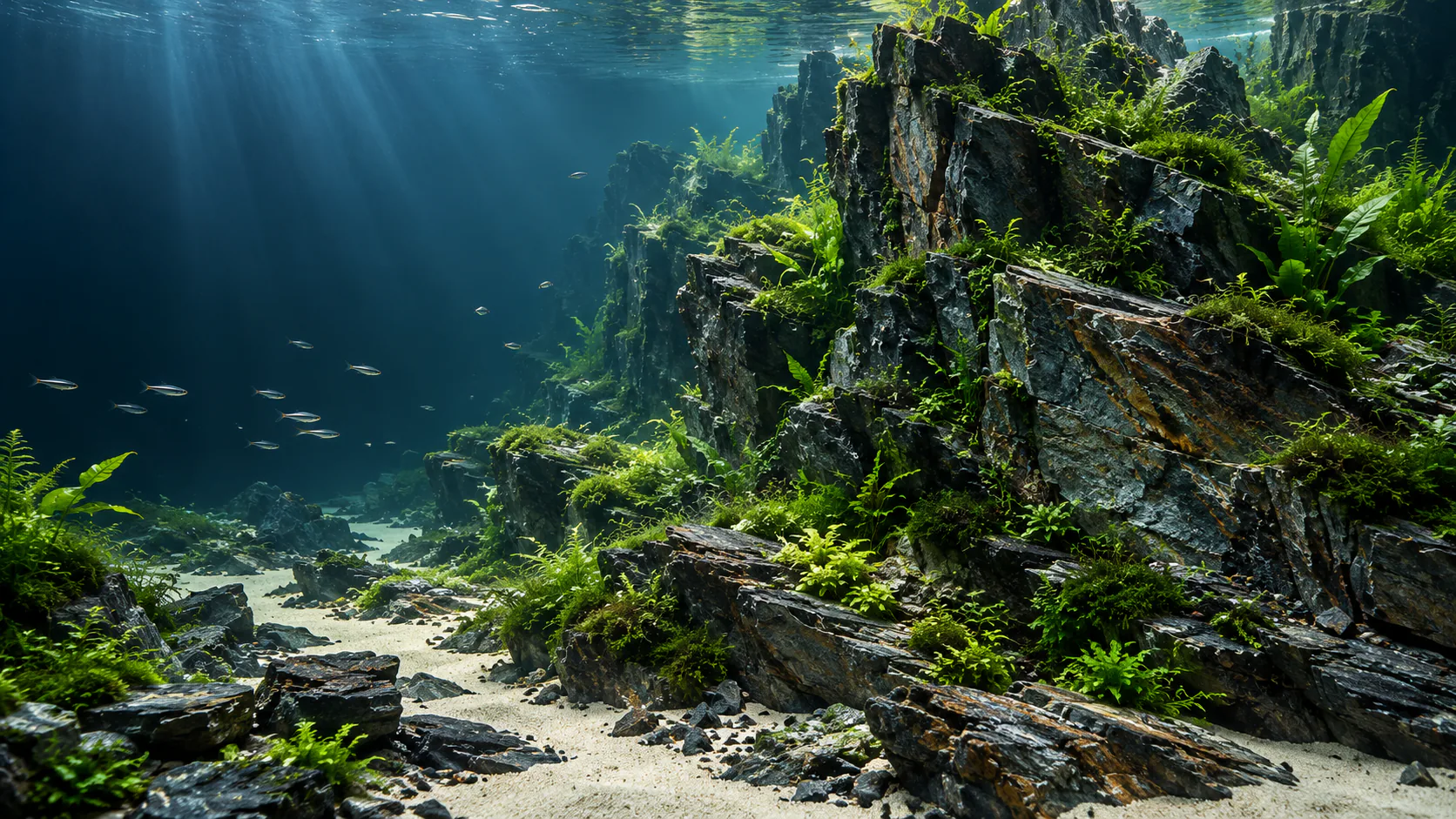 Illustration of a planted underwater landscape with layered stone and clear blue water